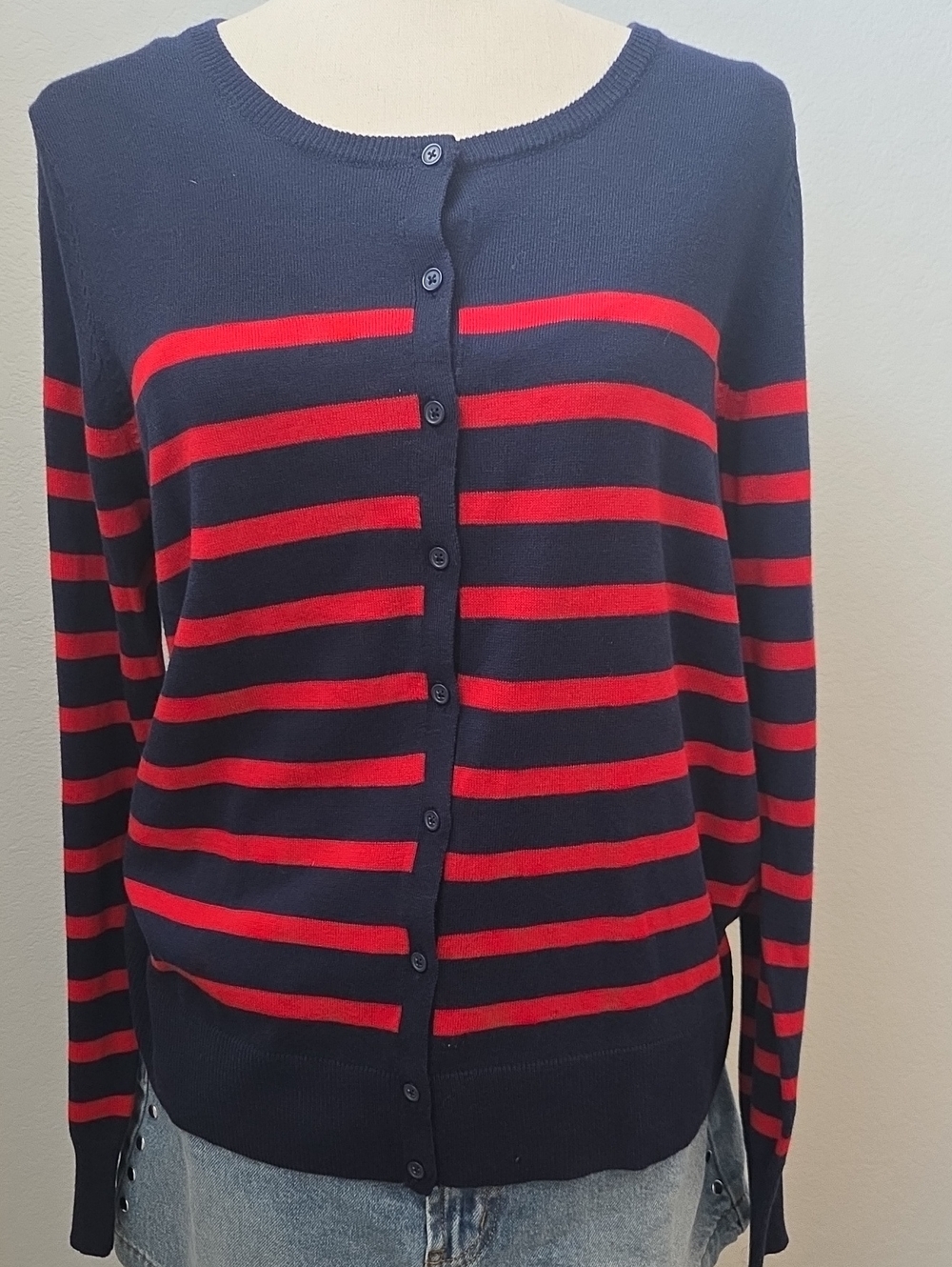 New Old Navy Blue Red Striped Button Cardigan Long Sleeve Large Prep Classic